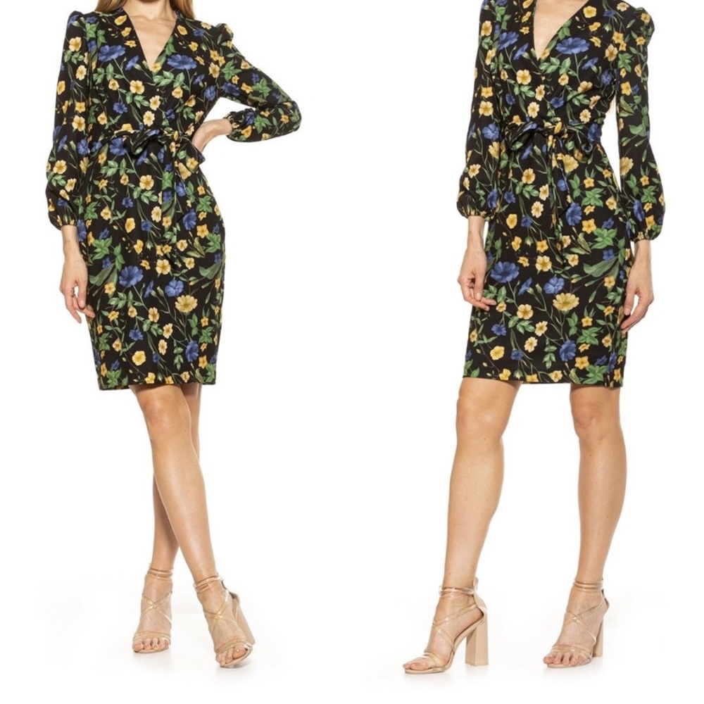 Alexia Admor Black and Floral Aliana Dress With Tie Waist Size Large NEW